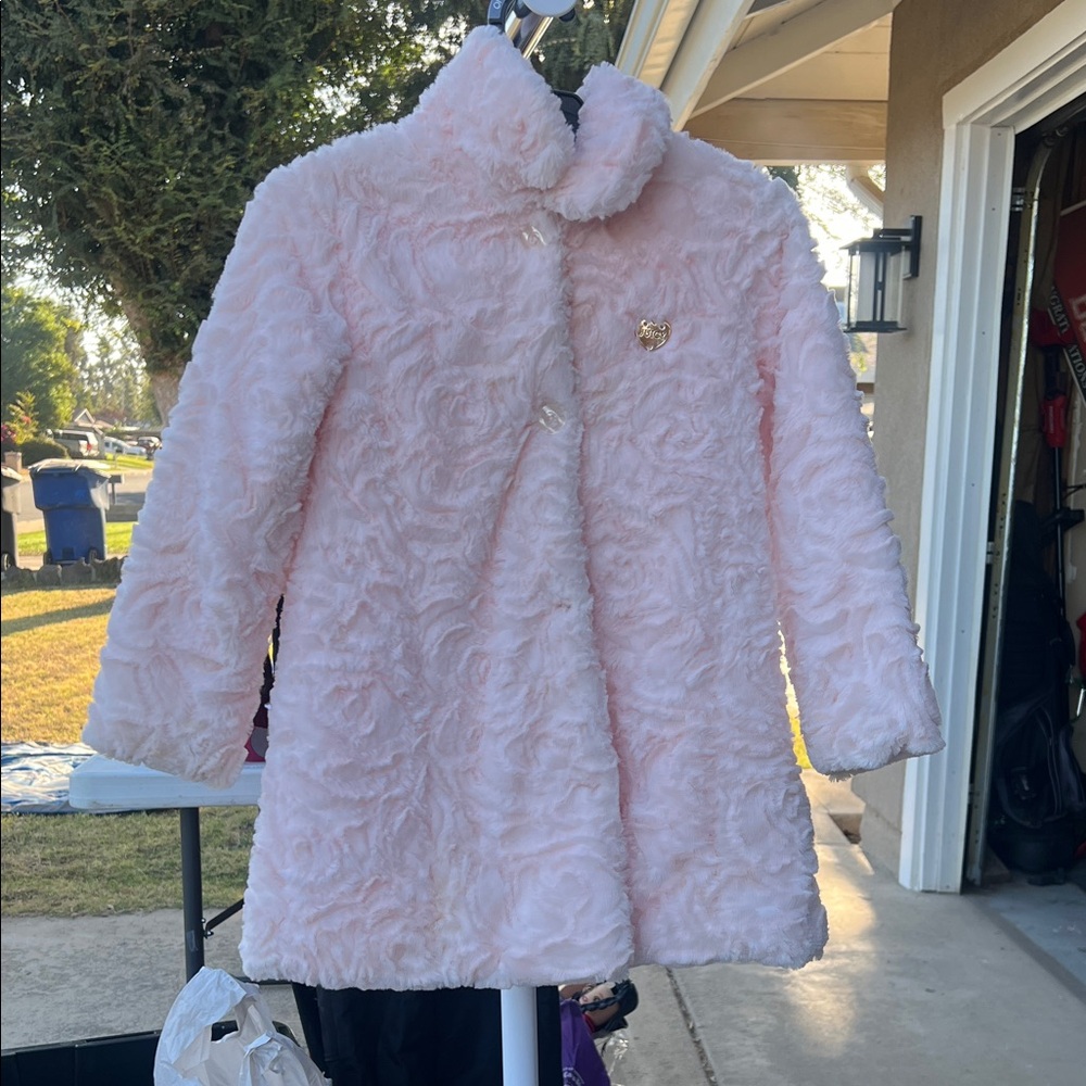 Juicy Couture Girls Plush Light Pink Faux-Fur Pea Coat with Heart Pin